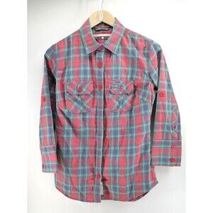 Vintage Superdry Button Up Flannel Shirt‎ Size Large Red Plaid Long Sleeve